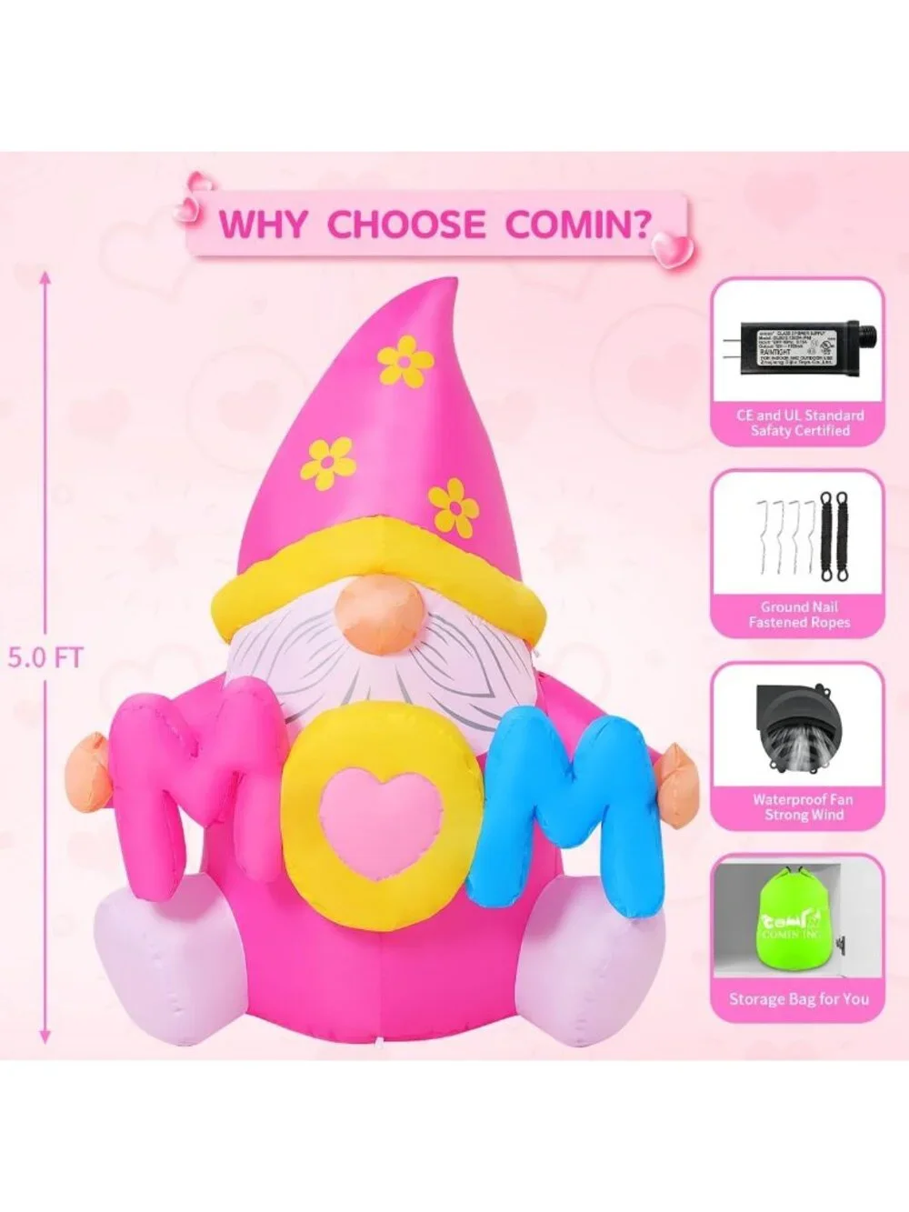Happy Mother's Day Inflatables - 5FT Pink Gnomes LED Yard Decorations for Garden